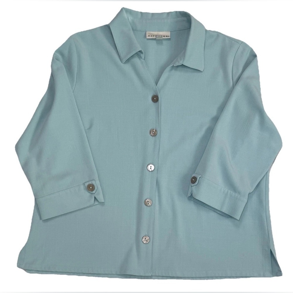Haymaker Womens Size PXL Pale Blue Aqua Blouse Linen Feel Flowing Comfy Sharp! - Picture 2 of 7